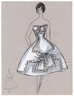 Blanche Bassia 1960 / 1961 Original Fashion Drawing, White Embroided Dress