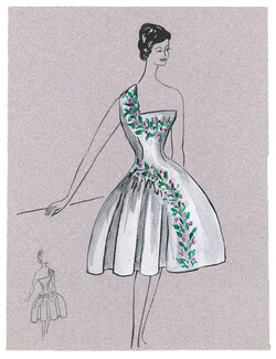 Blanche Bassia 1960 / 1961 Original Fashion Drawing, White Embroided Dress