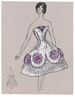Blanche Bassia 1960 / 1961 Original Fashion Drawing, White Lace And Pink Dress