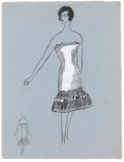 Blanche Bassia 1960 / 1961 Original Fashion Drawing, White Dress With Ribbons