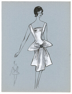 Blanche Bassia 1960 / 1961 Original Fashion Drawing, White Dress With Bow