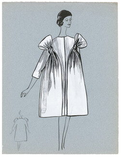 Blanche Bassia 1960 / 1961 Original Fashion Drawing, White Tunic With Ribbons