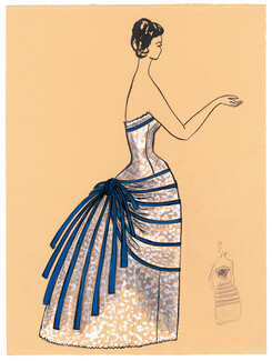 Blanche Bassia 1960 / 1961 Original Fashion Drawing, Evening Dress Blue Ribbons