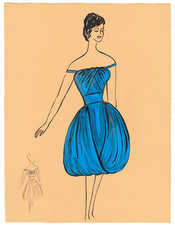 Blanche Bassia 1960 / 1961 Original Fashion Drawing, Blue Dress