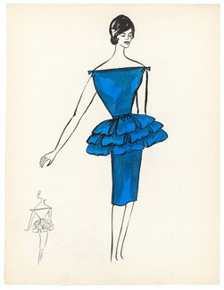 Blanche Bassia 1960 / 1961 Original Fashion Drawing, Blue Dress