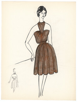 Blanche Bassia 1960 / 1961 Original Fashion Drawing, Brown Dress