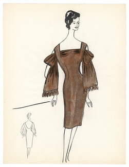 Blanche Bassia 1960 / 1961 Original Fashion Drawing, Brown Dress