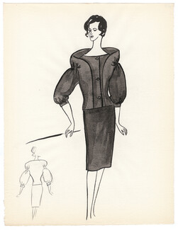 Blanche Bassia 1960 / 1961 Original Fashion Drawing, Black Suit