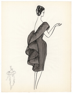 Blanche Bassia 1960 / 1961 Original Fashion Drawing, Black Ruffled Dress