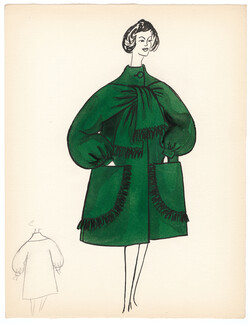 Blanche Bassia 1965 / 1970 Original Fashion Drawing, Green Coat
