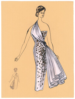 Blanche Bassia 1965 / 1970 Original Fashion Drawing, White Evening Gown