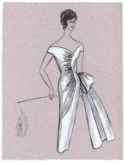 Blanche Bassia 1965 / 1970 Original Fashion Drawing, White Evening Dress