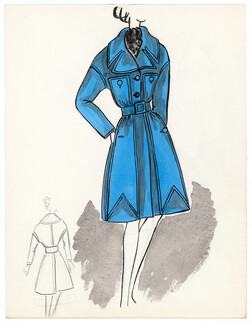 Blanche Bassia 1965 / 1970 Original Fashion Drawingn, Blue Coat