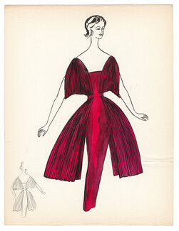 Blanche Bassia 1965 / 1970 Original Fashion Drawing, Red Evening Dress