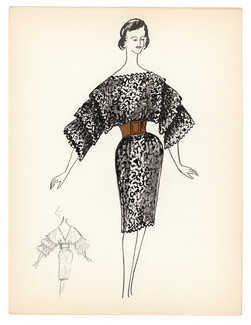 Blanche Bassia 1965 / 1970 Original Fashion Drawing, Black Lace Dress