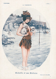 Bichette et ses Bichons, 1919 - Maurice Millière Bathing Beauty, Swimmer, Dog, Normandie