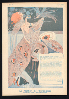 Brunelleschi 1917 "Le Collier de Turquoises", Blue Peacock Elegant Art Deco, Poem by Maurice Magre