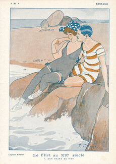 Fabien Fabiano 1911 "Le flirt au XXème siècle" Flirtation, Bathing Beauty, lovers