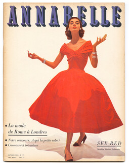 Annabelle 1955 Octobre, N°176 La Mode de Rome à Londres, Cover Balmain Red Dress