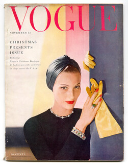 US Vogue November 15, 1954 Christmas Presents, Cover Horst, Cartier, William Klein, Herbert Matter Perfumes, René Gruau Miss Dior Ad