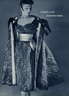 Jacques Fath 1953 dress, coat, Photo Philippe Pottier, Bianchini Férier