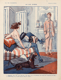 Georges Pavis 1919 "La vie Chère" Sexy looking Girl, Stockings, Babydoll Nightie, Dog