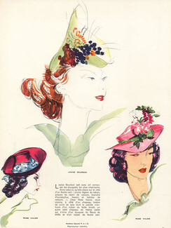 Domergue 1938 Rose Valois, Louise Bourbon, Suzanne Talbot, Hats Fashion Illustration