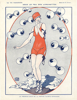 Georges Léonnec 1915 "le Premier Bain de la petite Sainte-Nitouche" Bathing Beauty, Swimwear