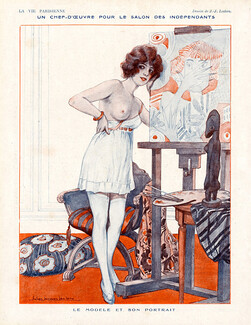 Julien Jacques Leclerc 1920 "Le modèle et son portrait" Topless Model