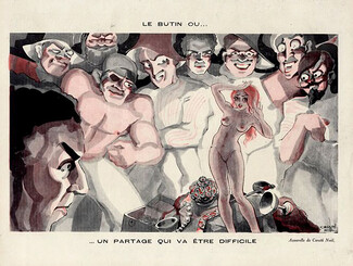 Cerutti Noël 1932 "Un Partage difficile" Nude Woman & Pirates