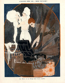 L'hiver s'en va... Bon voyage !, 1919 - Armand Vallée Attractive Girls, Luggage Hatbox
