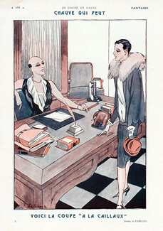 Fabien Fabiano 1926 ''La Coupe à la Caillaux'' "Chauve qui peut" Bald woman, new hairstyle, Transvestite