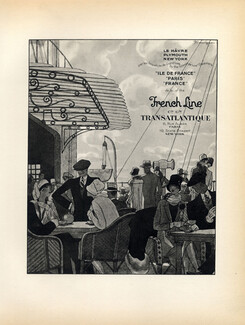 French Line 1928 Transatlantic Liner, the Giant "de Luxe" Steamers, Lithograph PAN Paul Poiret, Pierre Mourgue
