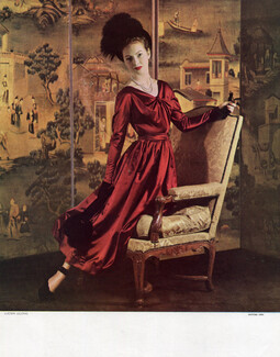 Lucien Lelong 1948 Robe du soir en satin rubis, corsage drapé, Evening Dress, Philippe Pottier