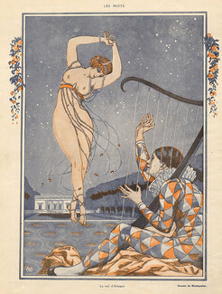 Henri Montassier 1917 "Les Nuits" Harlequin Harpist, Dancer Nude, Erotic Dance