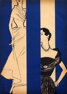 Nettie Rosenstein 1951 Draped Dress, Evening Gown, René Gruau