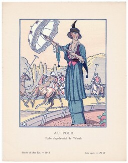 Au Polo, 1913 - Maurice Taquoy, Robe d'après-midi de Worth. La Gazette du Bon Ton, n°8 — Planche X