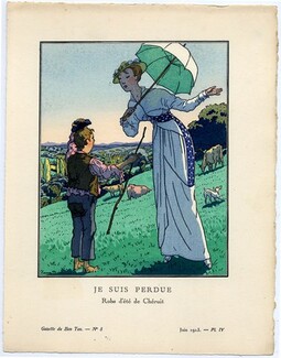 Je suis perdue, 1913 - Pierre Brissaud, Robe d'été de Cheruit. La Gazette du Bon Ton, n°8 — Planche IV