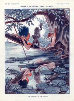 André Nevil 1918 "La pêche à la ligne" Fisherwoman, Pekingese Dog