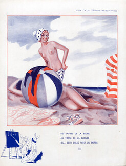 Cartault 1932 Bathing Beauty, Topless, Beach