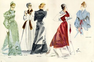Bruyere, Nina Ricci, Robert Piguet, Balenciaga, Marcelle Dormoy 1946 René Gruau, 3 pages