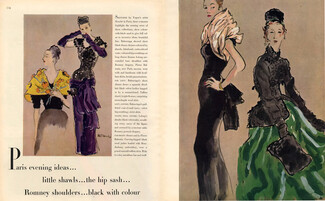 René Bouché 1945 Balenciaga, Balmain, Lelong, Fashion Evening Gown