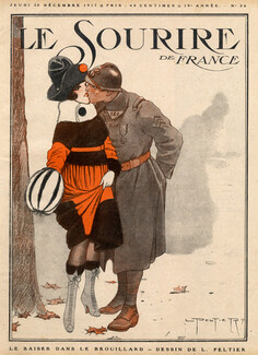 Peltier 1917 "Le Baiser dans le Brouillard" Elegant Parisienne, Soldier, Lovers Kiss
