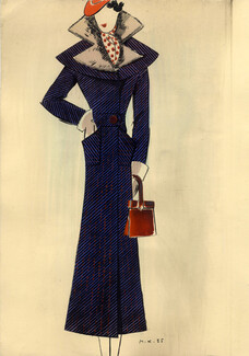 Raimon (Fabric) 1935 Winter Coat & Dress 2 Drawings for Mail order Catalogue Küss, 2 pages