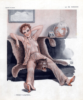 Georges Leonnec 1935 Sexy Girl Topess, Pajamas, Panther Fur