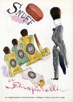Schiaparelli (Perfumes) 1947 Snuff, Cologne Lotion, Powder, Soap For Man, Marcel Vertes