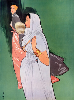 René Gruau 1948 Jacques Griffe Pink Dress Pierre Balmain Evening Gown Fashion Illustration