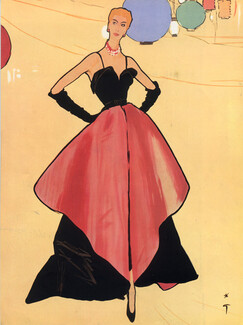 Christian Dior 1948 Evening Gown, René Gruau Fashion Illustration