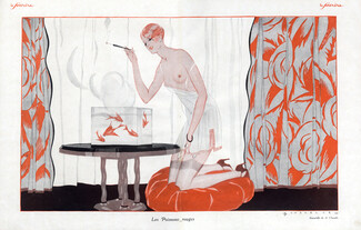 A. Chazelle 1926 Goldfish Sexy Girl Topless, Lingerie, Cigarette Holder, Art Deco