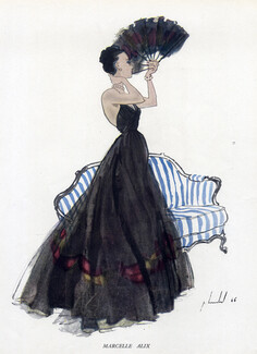 Marcelle Alix 1946 Evening Gown, Fan, Pierre Louchel